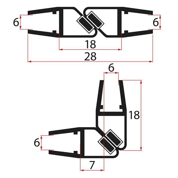 Gelco Set magnetických těsnění 45°pro sklo 6/6mm, 1900mm, černá (2ks)