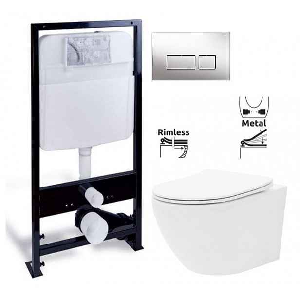 PRIM předstěnový instalační systém s chromovým tlačítkem  20/0041 + WC REA Carlo Flat Mini Rimless + SEDÁTKO PRIM_20/0026 41 CF1