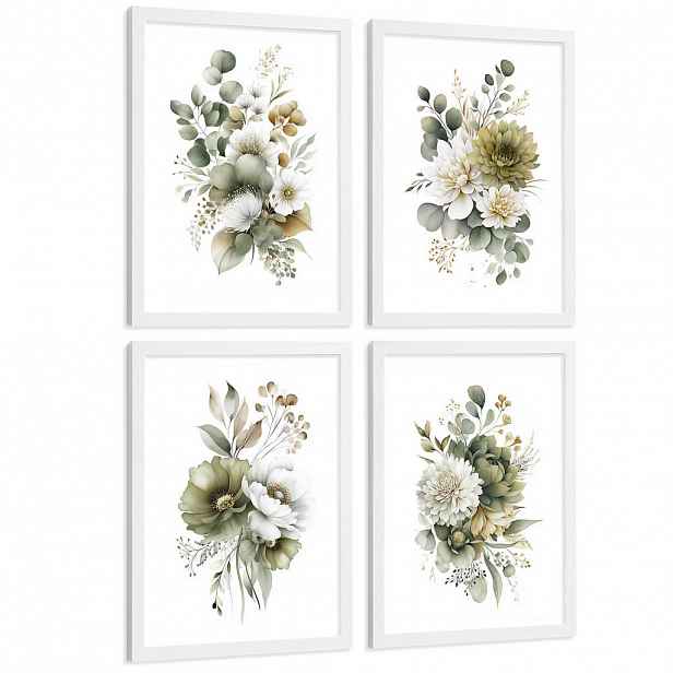 Nacnic PLAKAT Sada 4 boho botanických uměleckých tisků. Akvarelové květinové nástěnné umění. Velikost Bílý rám A4