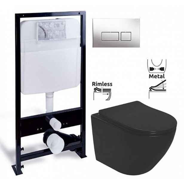 PRIM předstěnový instalační systém s chromovým tlačítkem  20/0041 + WC REA CARLO MINI RIMLESS ČERNÝ MAT + SEDÁTKO PRIM_20/0026 41 MM1
