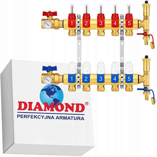 Rozdělovač Pro Podlahové Vytápění Podlah 5 Mosazných Okruhů Diamond