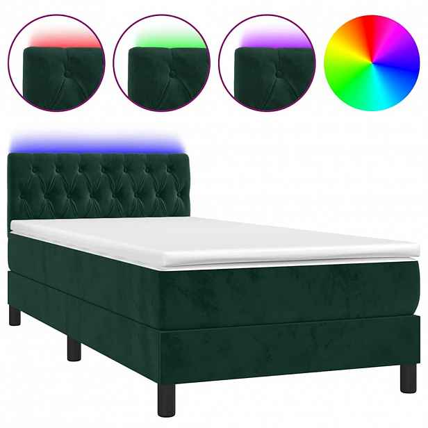 vidaXL Box spring postel s matrací a LED tmavě zelená 90x190 cm samet