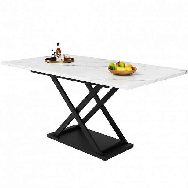 OKWISH JÍDELNÍ stůl 120-160/80/75 cm bílá/černá z MDF a kovu rozkládací s křížovou podnoží