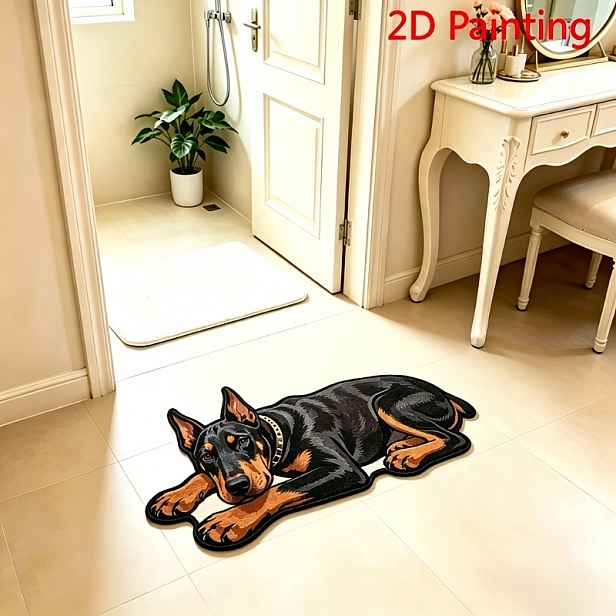 TEMU Sametová rohožka 900G+9Mm s roztomilým kreativním psa Dobermana, 2D simulace, koberec do obývacího pokoje, personalizovaná kreslená dekorace do