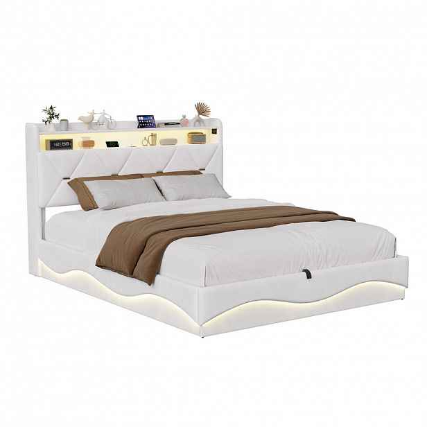 EuroLiving ČALOUNĚNÁ postel 140x200 cm s boxem, hydraulickým úložným systémem, LED osvětlením, porty USB a Type-C, čelem s policí a lamelovým roštem,