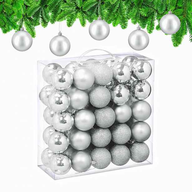 Relaxdays VÁNOČNÍ KOULE Stříbrná 50-dílná sada plast 7x6 cm