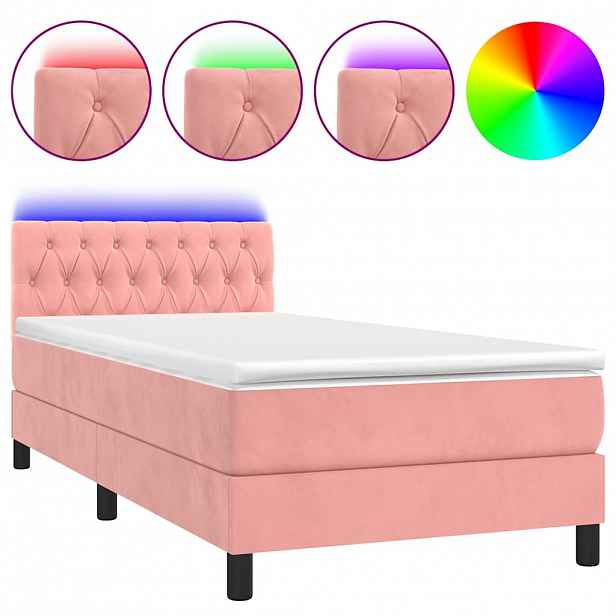 vidaXL Box spring postel s matrací a LED růžová 90x190 cm samet