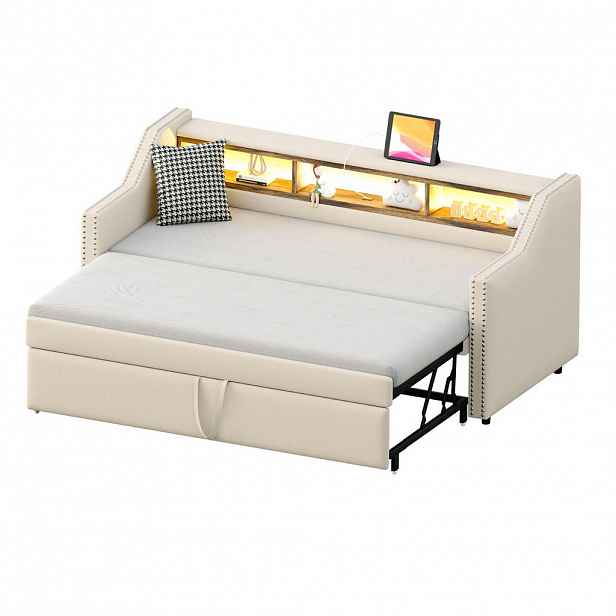 Modfu ČALOUNĚNÁ rozkládací postel z lnu 90/180x190 cm béžová s úložnými kapsami, USB a LED osvětlením