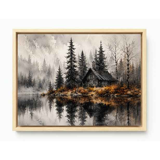 Obraz Rám Americký Box Les Stromy Jezero Chata Mlha Podzim Šedá 80x60
