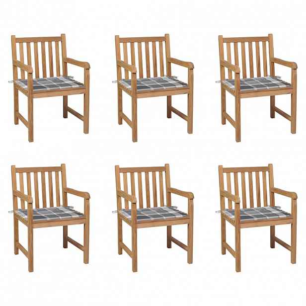 vidaXL Zahradní židle 6 ks šedé kárované podušky masivní teak