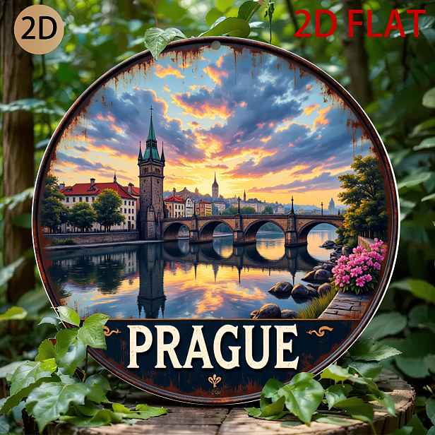 TEMU 2D plochý, vintage pražský městský panoramatický plechový kovový znak - rustikální kruhové nástěnné umění s ikonickým mostem a scénickými
