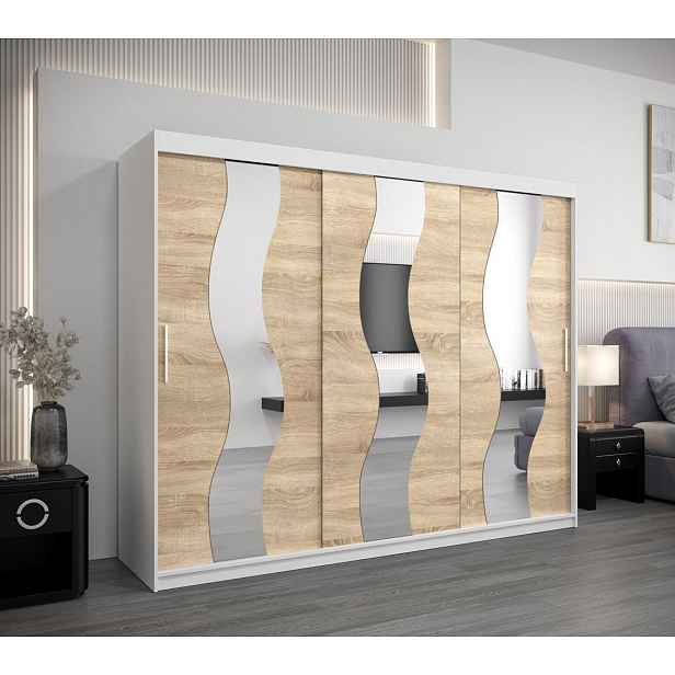 Skříň s posuvnými dveřmi HEDVIKA - šířka 250 cm, bílá / dub sonoma