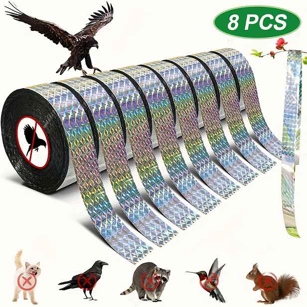 TEMU 8 Rolí Pásky na Plašení Ptáků (Celkem 400 Metrů) | Reflexní Pásky Odpuzující Ptáky | Oboustranné Reflexní Pásky pro Ovocné Sady a Zeleninové