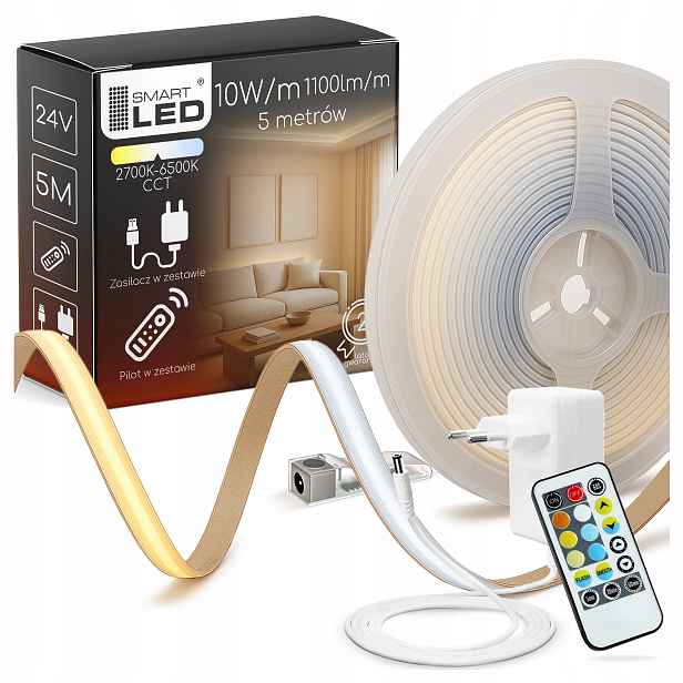 Led pásek Cob 24V 5M Neon 1100lm/m Cct 2700-6500K Sada napájecího zdroje Dálkový Ovladač