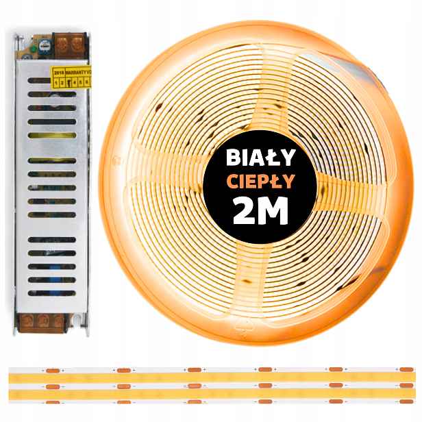 Set 2M Led pásek Cob 480 diod 3000K bílý teplý 24V 10W s napájecím zdrojem