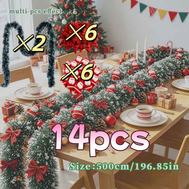 TEMU Sada 14 ks: 500 cm extra dlouhé prémiové lehké luxusní realistické umělé barevné stuhy + ozdoba Santa Claus + kombinace červené mašle. Odolné a