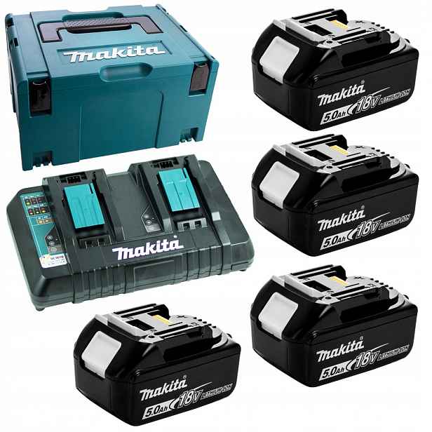 4x akumulátor 5Ah 18V BL1850B, 2-portová nabíječka DC18RD Makita Makpac