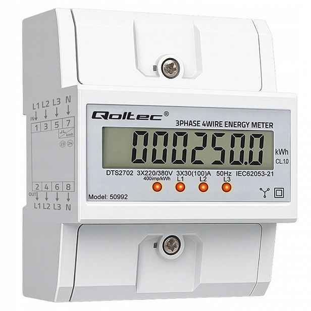 Třífázový elektroměr 100A LCD Měřič spotřeby proudu na Din lištu 35mm