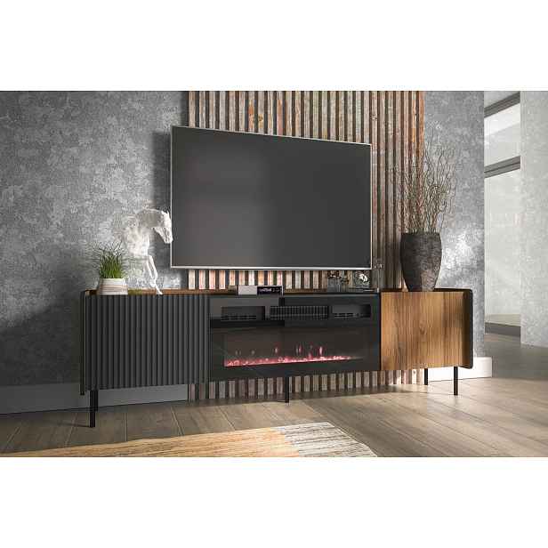 TV stolek s elektrickým krbem ASHEBORO - ořech / san sebastian / černý