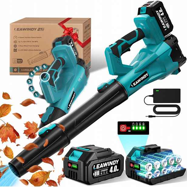 Elektrický Foukač Foukač Na Listí 21V 6 Rychlostí 2x 4Ah Baterie