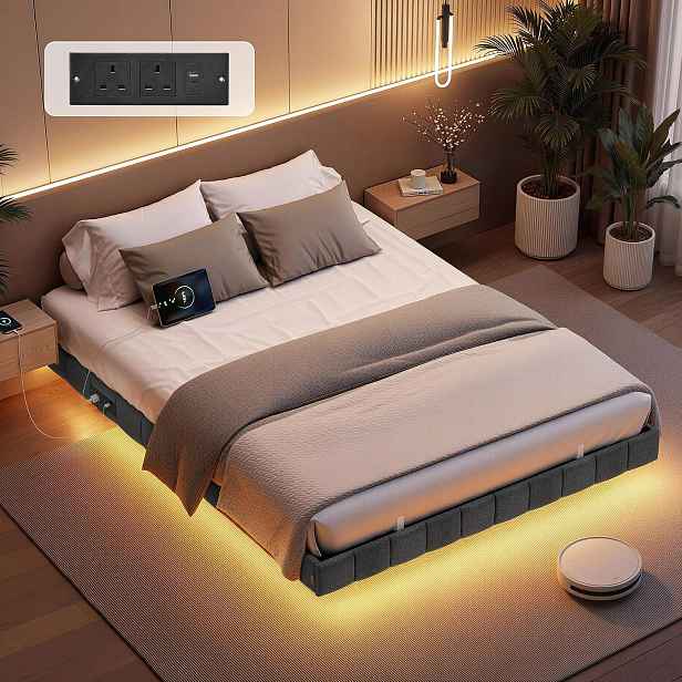 Vasagle Lůžko 140 x 190 cm Led osvětlení zásuvková lišta, 2 Ac zásuvky
