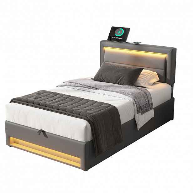 FLIEKS ČALOUNĚNÁ POSTEL 90x190 Šedá PU LED USB
