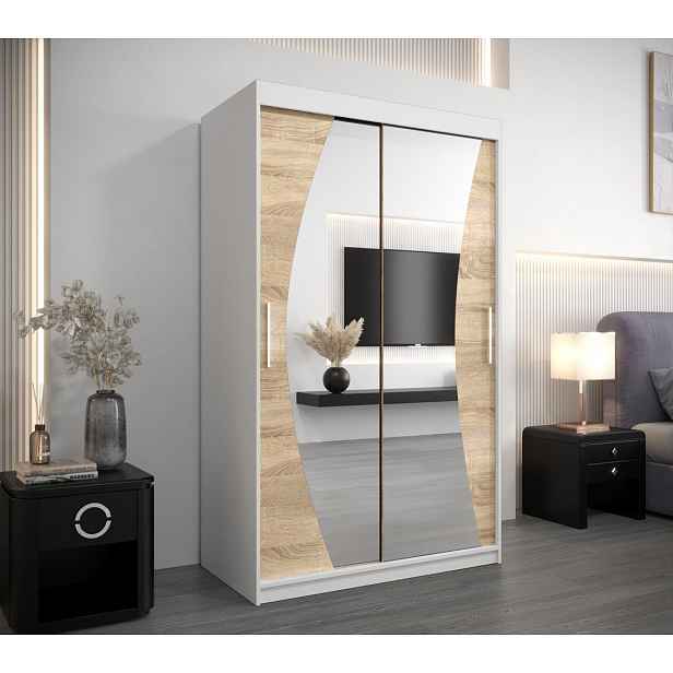 Skříň s posuvnými dveřmi AGATA - 120 cm, bílá / dub sonoma