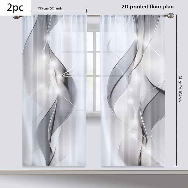 TEMU 2 ks 2D plochých potisků Moderní lehký luxusní vzorovaný design stuhy Gazéna záclona je poloprůhledná a chrání soukromí. Má tyčový otvor a je