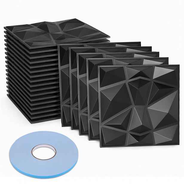 TEMU 3D Diamantové Nástěnné Panely, 30 x 30 cm, Matná Černá, Vysoce Pevné PVC, Odolné, Nedeformovatelné, Žáruvzdorné, Bez Zápachu, Balení 20 ks |