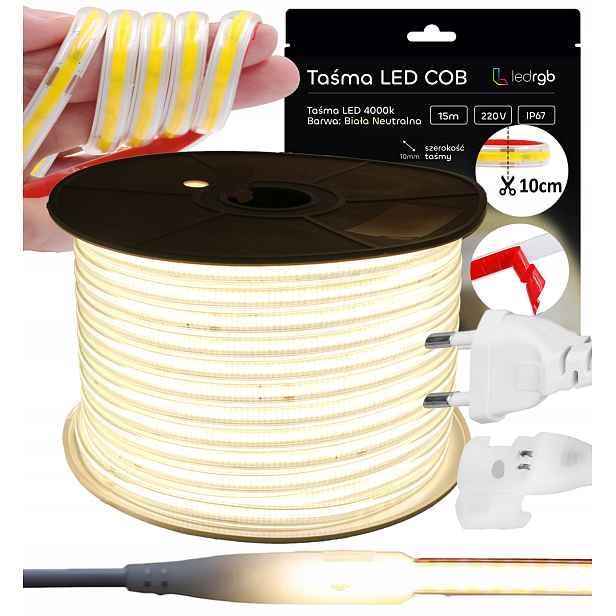 Set Led Páska Cob 15 m 230 V Bílá Neutrální 4000 K Řezaná Každých 10 CM IP67 Lepidlo