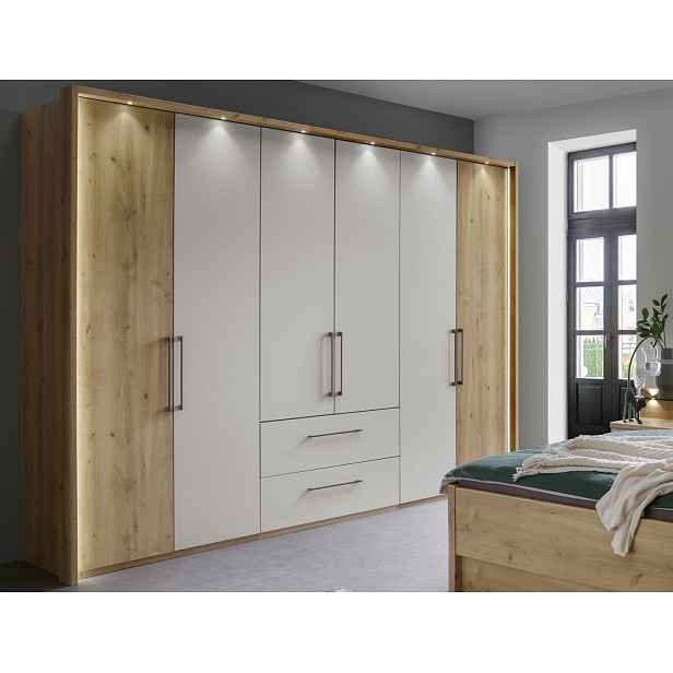 Šatní skříň Kanada, 300 cm, dub bianco/šedá