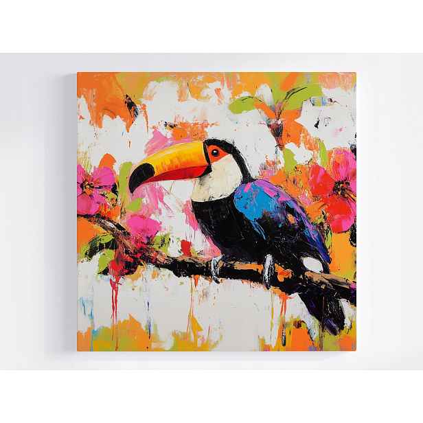 Obraz Na Plátně Canvas Grafika Příroda Barevný Pták Tukan Květiny 50x50