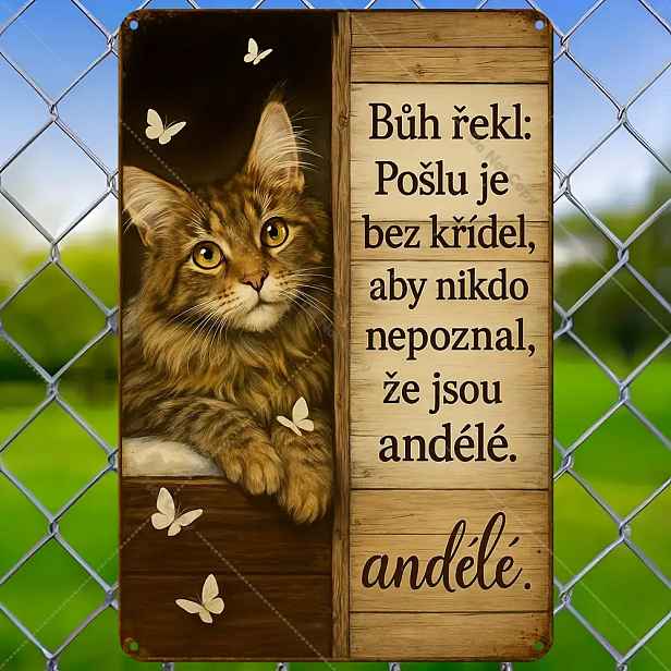 TEMU 1 ks Vintage Český slogan kovová cedule - 8"x12" (20x30 cm) Česká fráze nástěnná dekorace s designem mourovaté kočky a motýla, vtipné slovenské