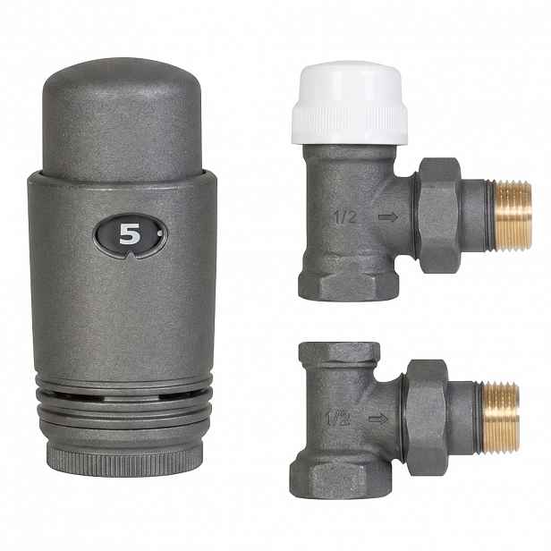 Připojovací sada radiátorových ventilů s termostatickou hlavicí - rohová - 1/2"/1/2" - šedá matná