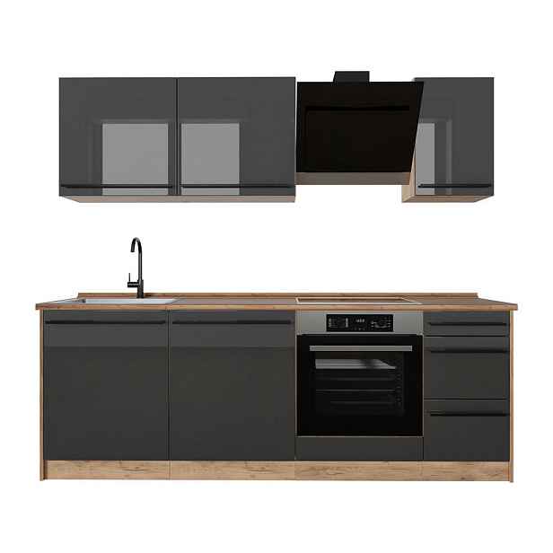 Vicco KUCHYŇSKÝ KOUT R-Line, Antracitový vysoký lesk/Zlatý mocný dub, 220 cm pracovná doska Dub Goldkraft