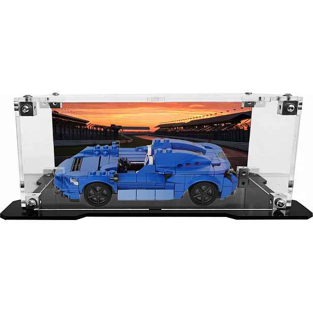 Vitrína s černou základnou a pozadím pro stavebnici Lego 76902 McLaren Elva