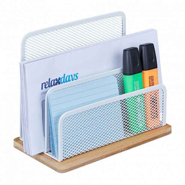 Relaxdays DRŽÁK NA DOPISY Bílá Přírodní kov bambus 3 přihrádky