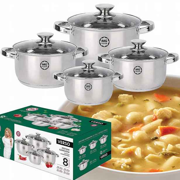 Sada 4 Hrnců Ocel Komplet 8 Dílů Inox Indukce Odolné Mg Home Verso