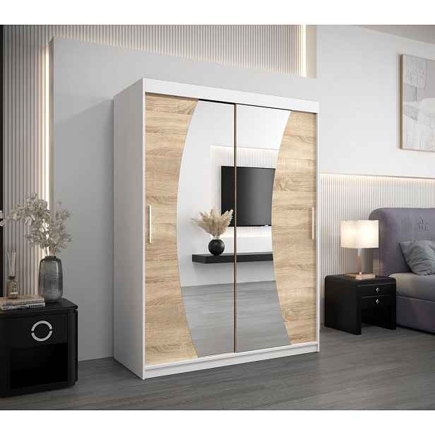 Skříň s posuvnými dveřmi ANABELA - 150 cm, bílá / dub sonoma