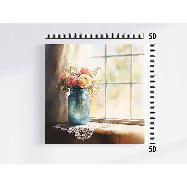 Obraz Na Plátně Obraz Na Plátně Akvarel Květy Růže Sklenice Okno Shabby Chic 50x50