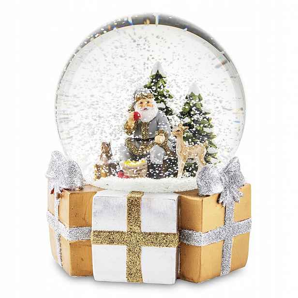 Skleněná Koule S Hrací Skříňkou, Santa S Dárky, Zlatá Vánoční Figurka