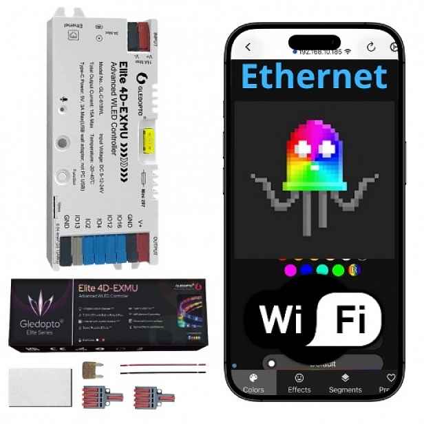 Led ovladač Wled Ethernet RJ45 WiFi 4xDATA pro adresovatelné pásky a mikrofon