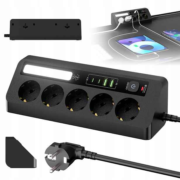 Prodlužovací Kabel Zásuvková Lišta Vypínač Černý 4 Usb 5 Zásuvek 1.8 m