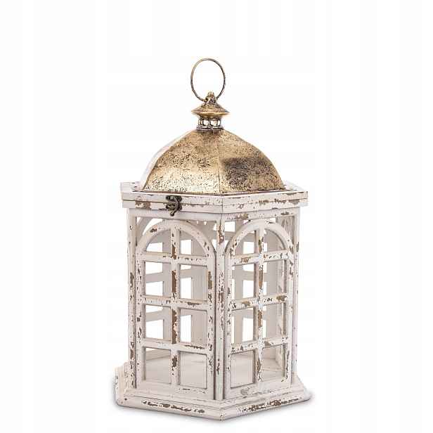Lampion Bílý Zlatý Kovový Dřevěný Dekorativní Lucerna Retro svícen