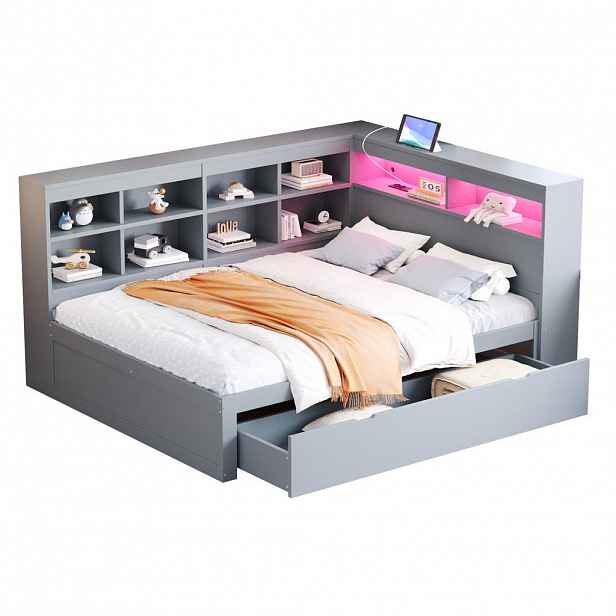 Modfu DŘEVĚNÁ postel z masivu 140x200 cm šedá s USB portem, LED osvětlením a velkým úložným prostorem