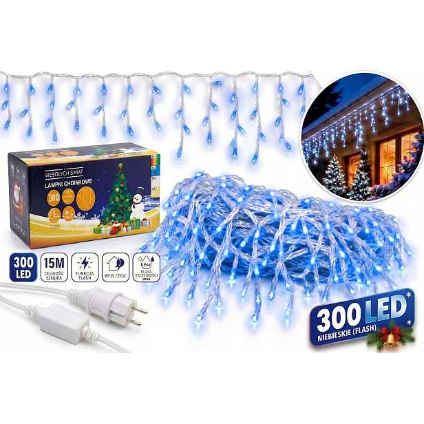 Vánoční Osvětlení Rampouchy Venkovní 300 Led 15 M Modré Flash Kombinované