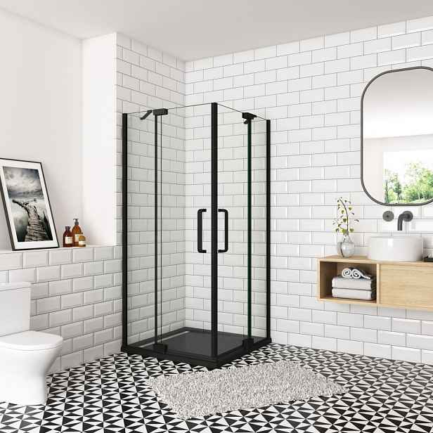 Sprchový kout AIRLINE BLACK R808, 80x80, se dvěma jednokřídlými dveřmi s pevnou stěnou, rohový vstup