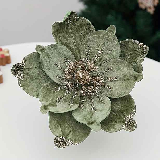 TEMU Sada 2 umělého vánočního muškátku, magnolie s třpytkami, stonky 24 cm (9,4 palce), ideální pro vánoční dekorace, svatby, věnce a fotografické