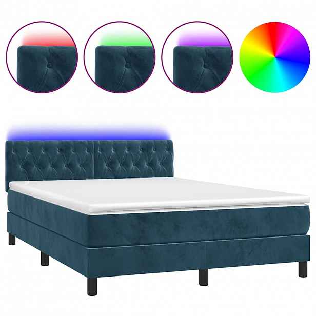 vidaXL Box spring postel s matrací a LED tmavě modrá 140x190 cm samet