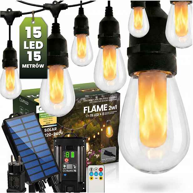 Solární zahradní světelná girlanda 15 Led Efekt plamene Oheň Lampičky 15 m